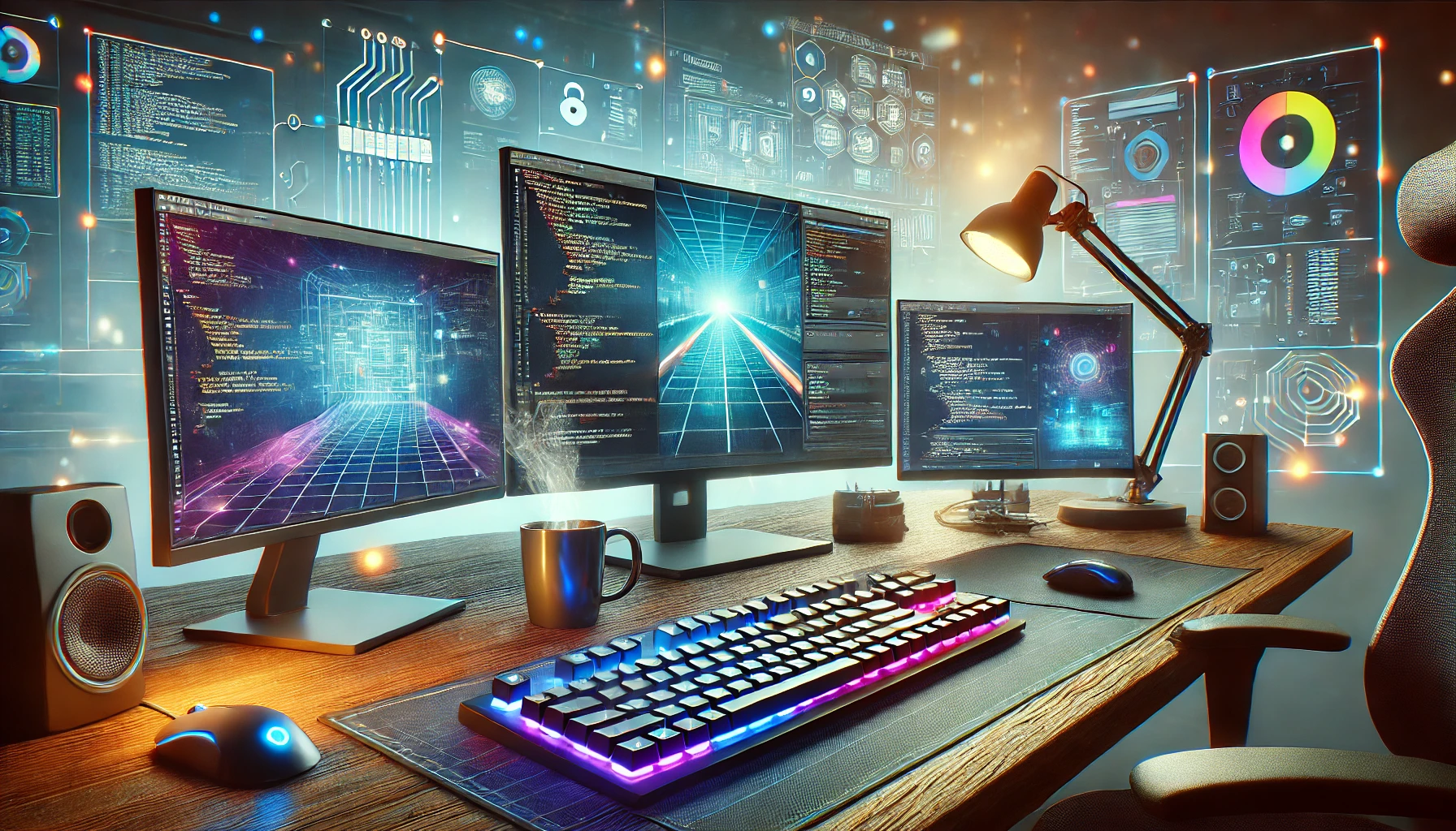 Workstation with laptop and monitor illustrating an article about AI and developer careers