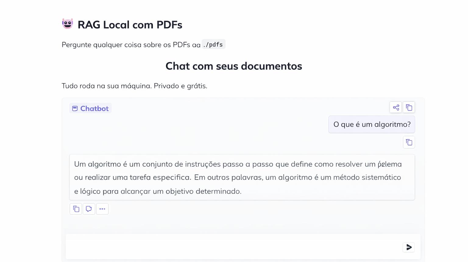 Interface do RAG local com PDFs rodando no navegador, com uma pergunta sobre algoritmo e a resposta gerada pelo chat.