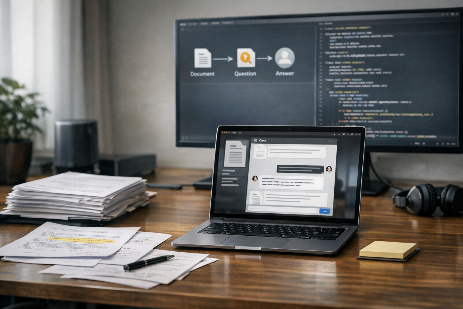 Modern workstation with laptop, printed PDFs, and a local AI document assistant interface