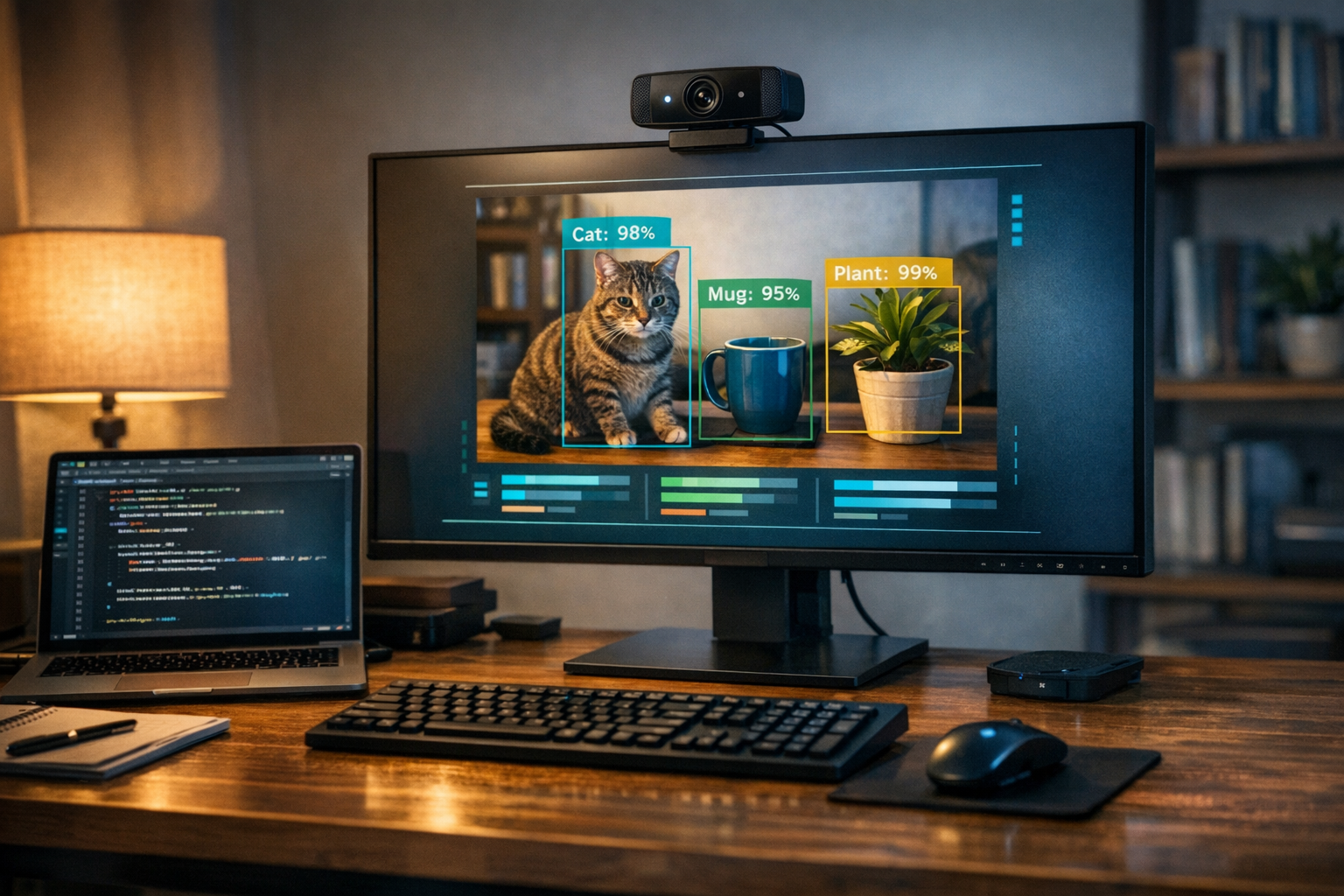 Desk setup with monitor, webcam, and real-time image classification interface
